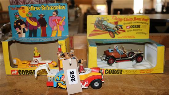 Boxed Corgi Beatles Yellow Submarine, Chitty Chitty Bang Bang  & Popeye car